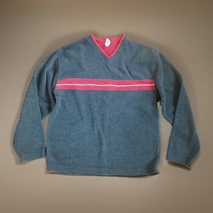 Gray & Red Striped Fleece Pullover XL - V-neck Stripe Sweater Sweatshirt